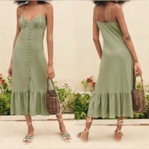 ZARA Linen Viscose Blend Milkmaid Midi Dress, Blogger Fave, Green Size Medium